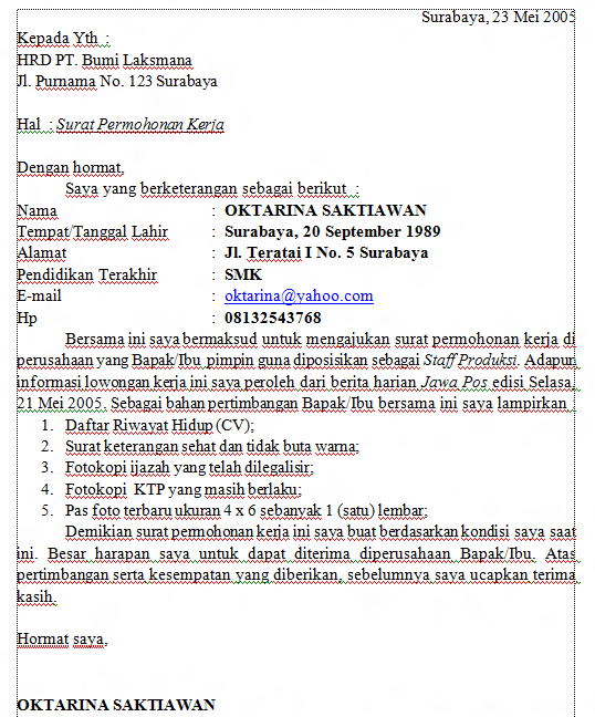 Contoh Surat Lamaran Kerja Pelajaran Bahasa Indonesia Kelas 12 Bagikan Contoh